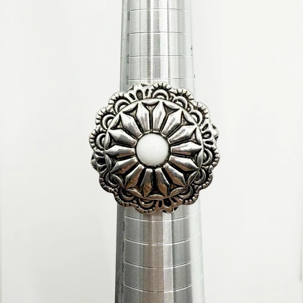 Silver Floral White Bead Stretch Ring | Nickel Free Statement Ring